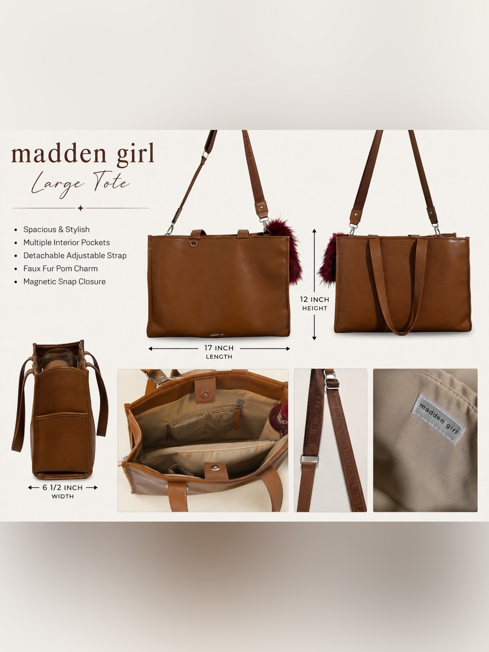 Madden Girl Large Brown Tote Bag with Removable Strap & Keychain